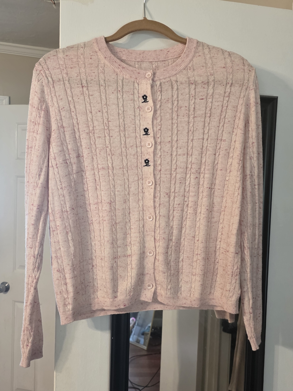 Light Pink (W/ Black Floral Accents) Cable-Knit Button Cashmere Cardigan